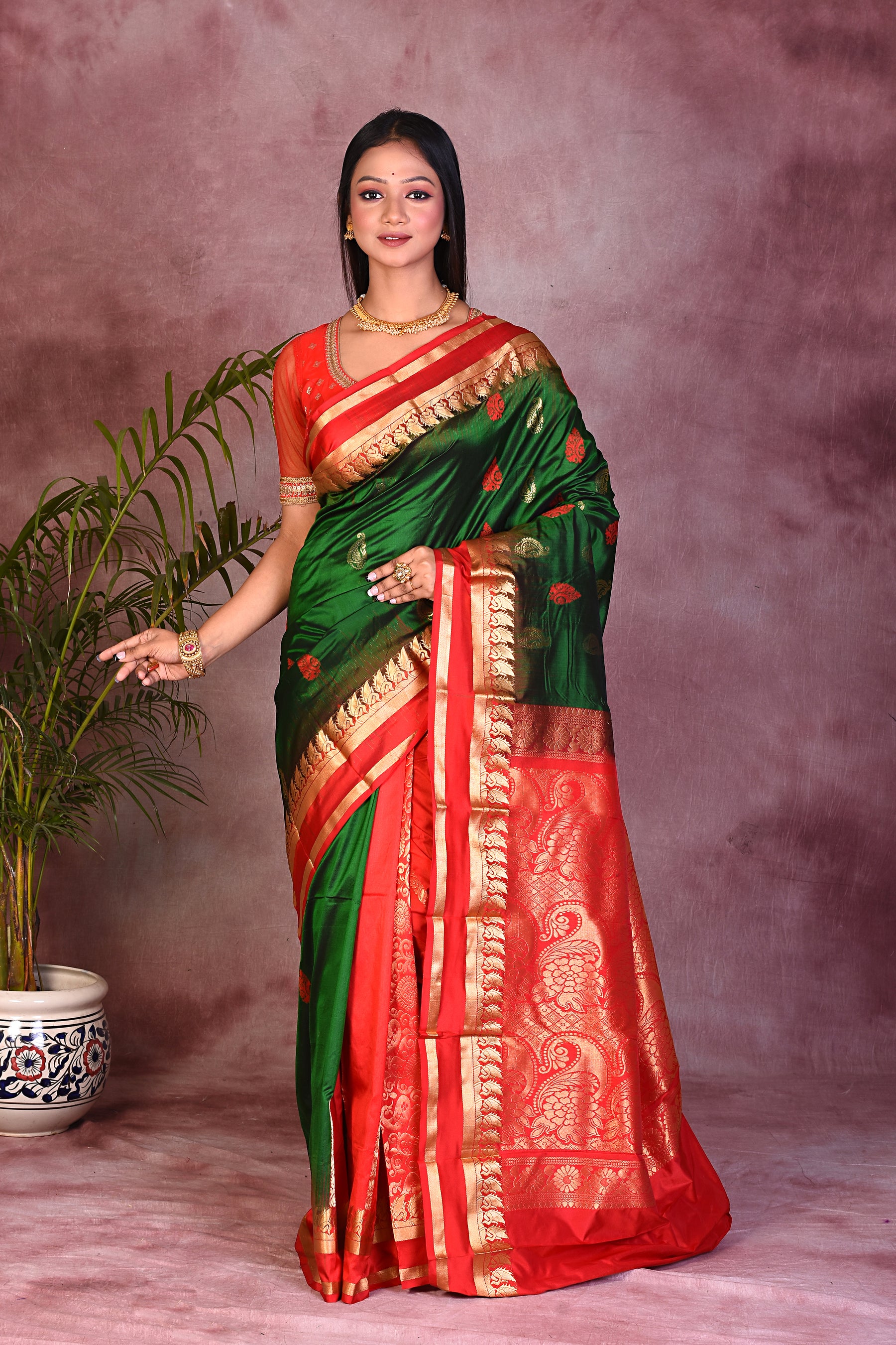 Green with Red Borders Pure Kanjivaram Saree - Keya Seth Exclusive