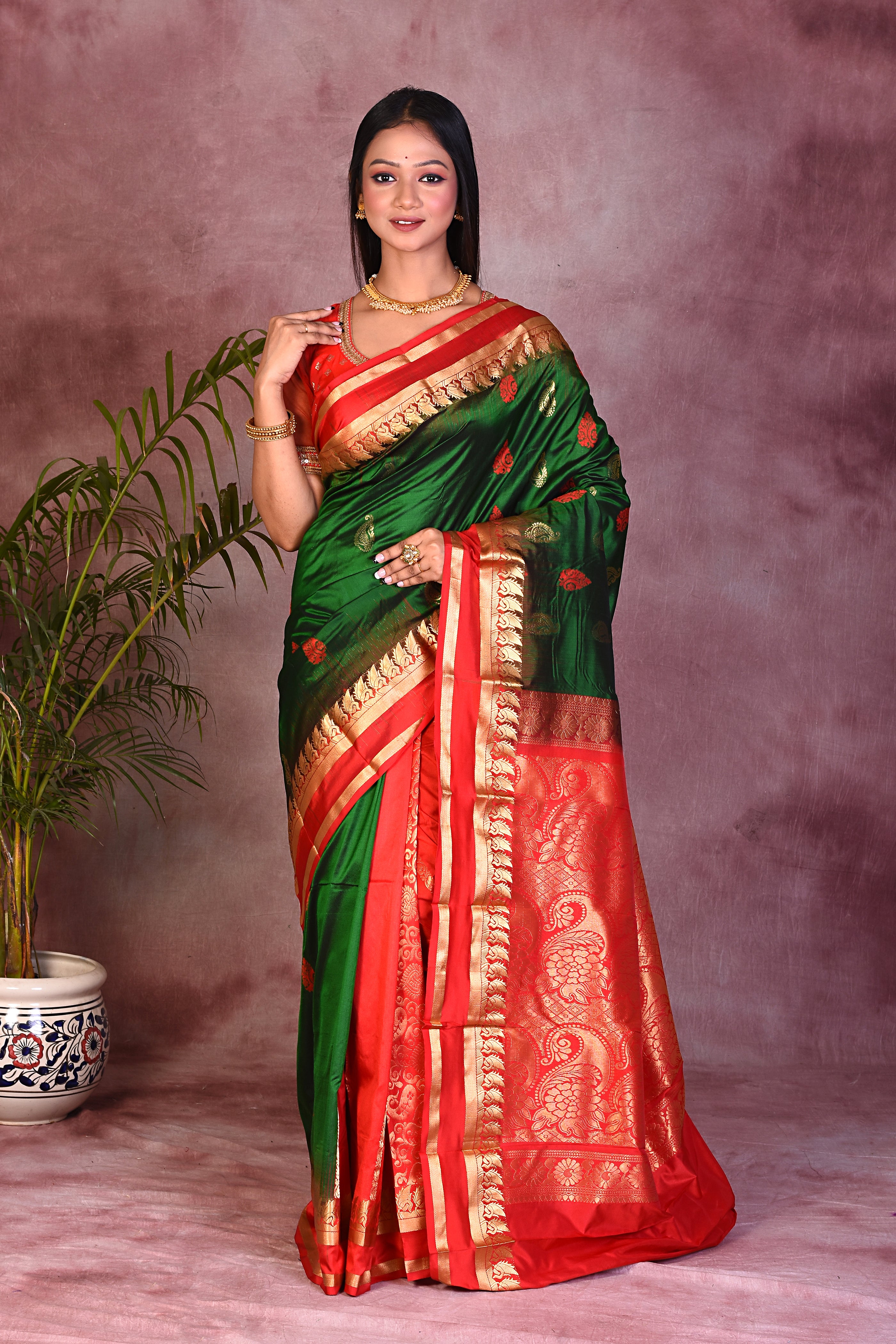 Green with Red Borders Pure Kanjivaram Saree - Keya Seth Exclusive