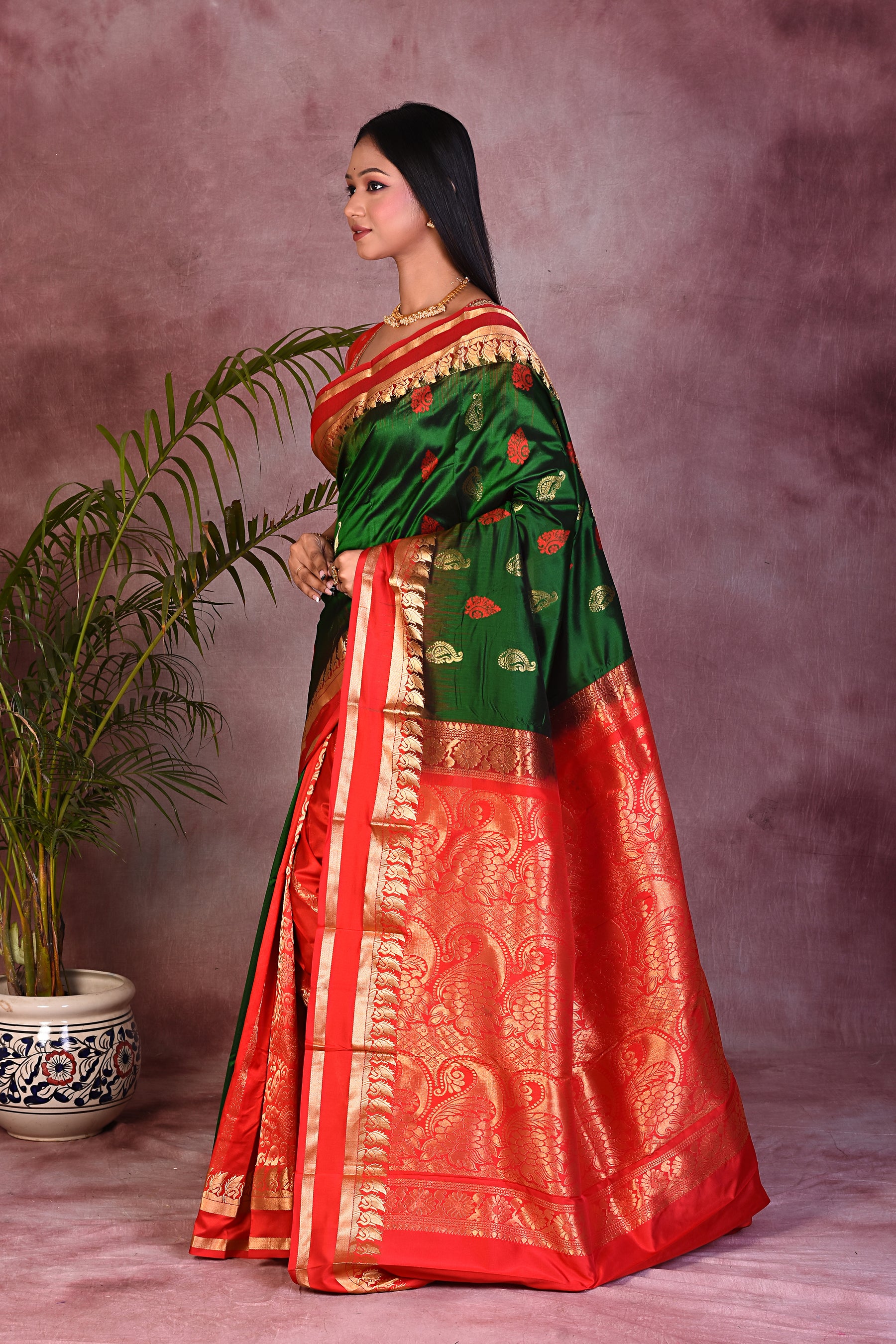 Green with Red Borders Pure Kanjivaram Saree - Keya Seth Exclusive