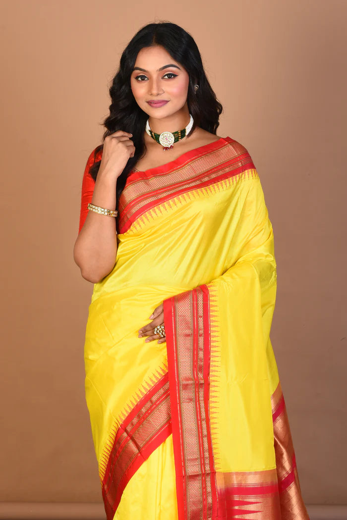 Bright Yellow Pure Silk Saree with Blouse Piece - Keya Seth Exclusive