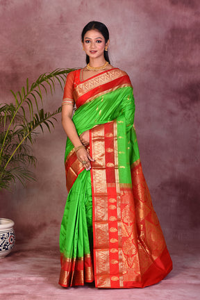 Parrot Green with Red Borders Pure Kanjivaram Saree - Keya Seth Exclusive