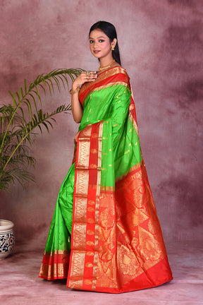 Parrot Green with Red Borders Pure Kanjivaram Saree - Keya Seth Exclusive