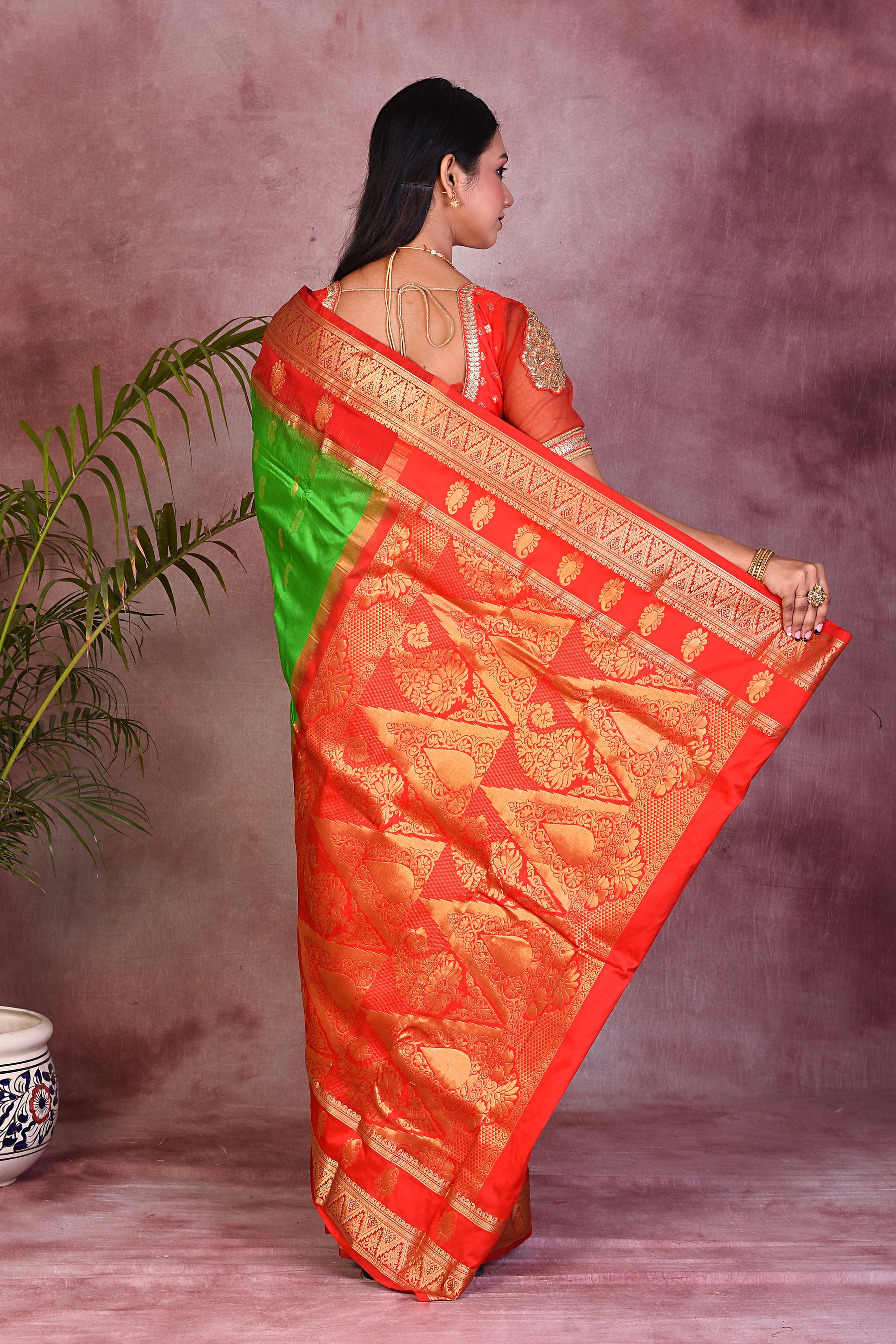 Parrot Green with Red Borders Pure Kanjivaram Saree - Keya Seth Exclusive