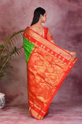 Parrot Green with Red Borders Pure Kanjivaram Saree - Keya Seth Exclusive