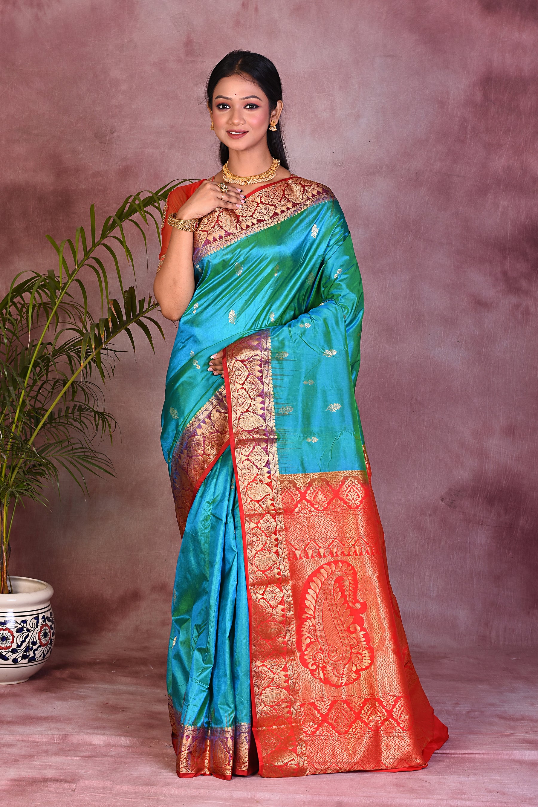 Green Dual Tone with Red Borders Pure Kanjivaram Saree - Keya Seth Exclusive