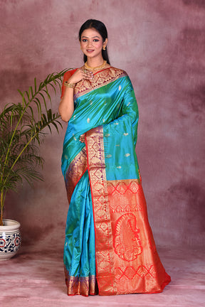 Green Dual Tone with Red Borders Pure Kanjivaram Saree - Keya Seth Exclusive