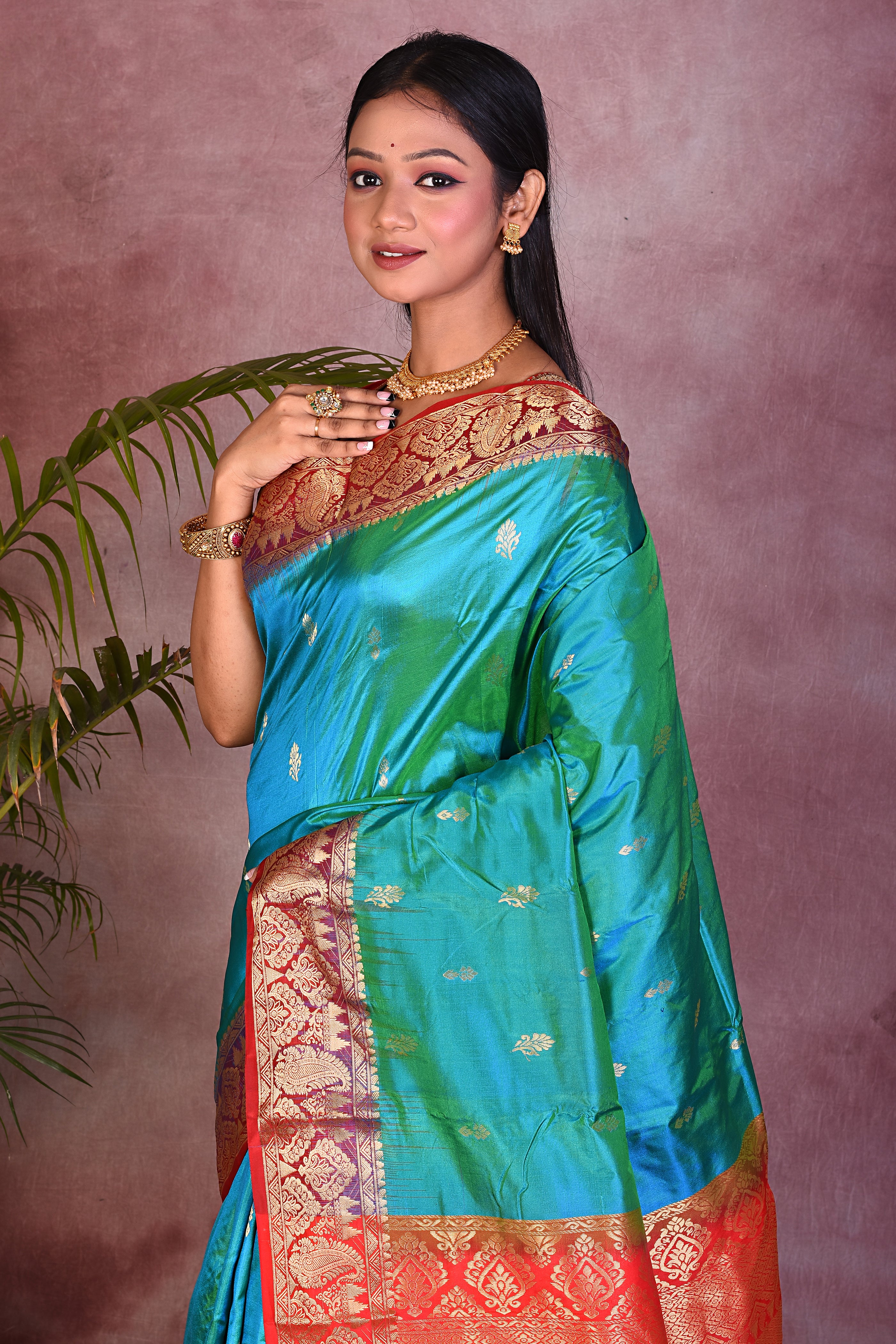 Green Dual Tone with Red Borders Pure Kanjivaram Saree - Keya Seth Exclusive