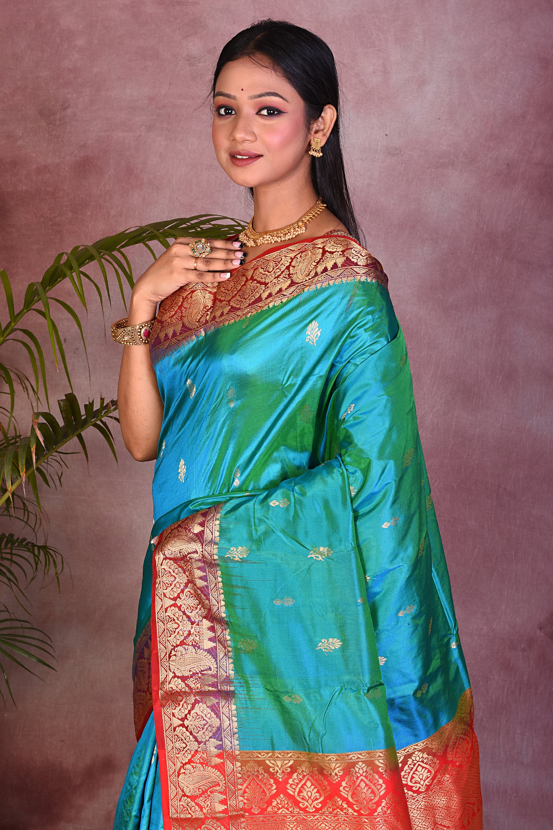 Green Dual Tone with Red Borders Pure Kanjivaram Saree - Keya Seth Exclusive