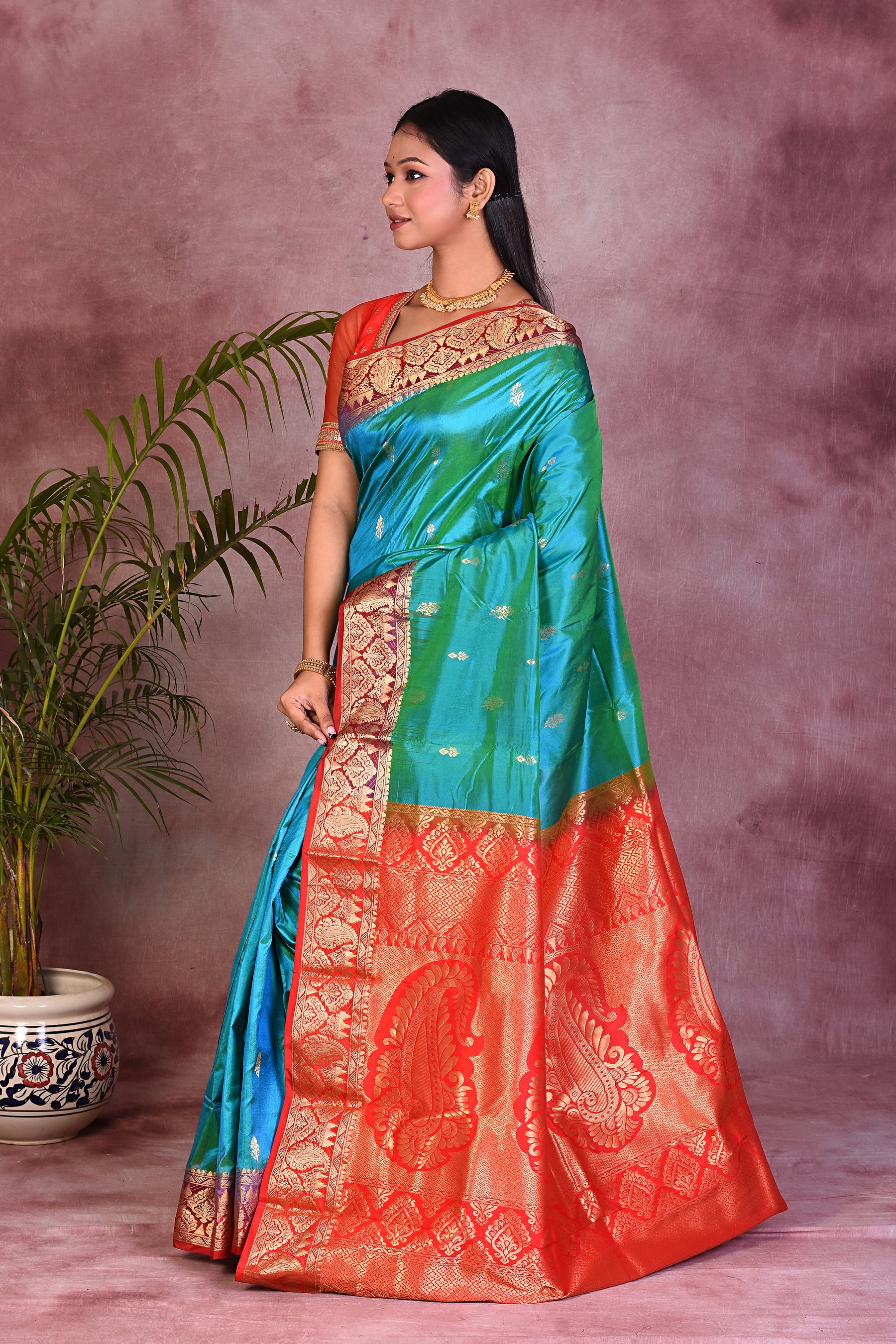 Green Dual Tone with Red Borders Pure Kanjivaram Saree - Keya Seth Exclusive