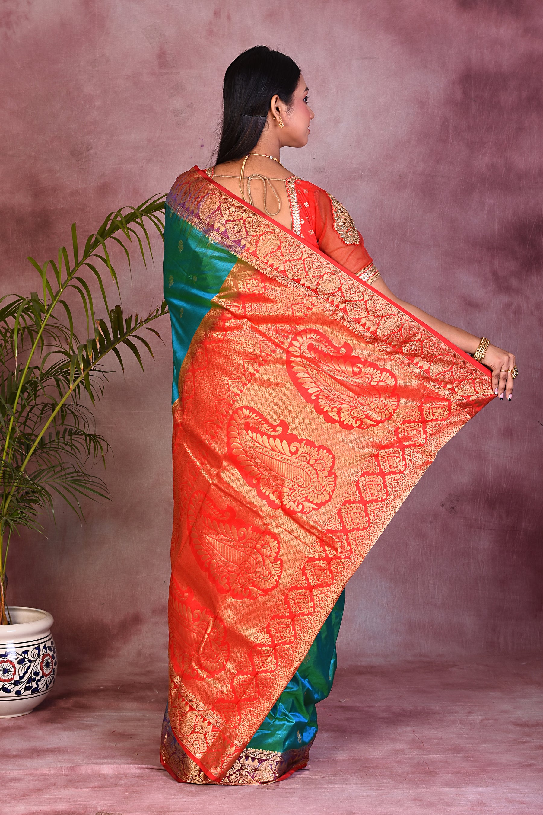 Green Dual Tone with Red Borders Pure Kanjivaram Saree - Keya Seth Exclusive