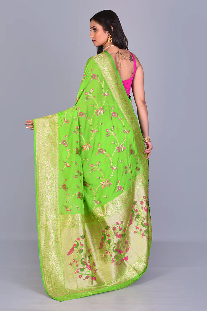 Designer Parrot Green Georgette Khaddi Saree with Jal Work - Keya Seth Exclusive