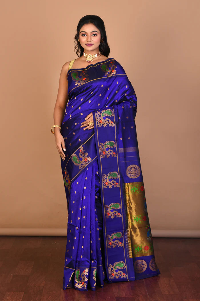 Deep Blue Pure Paithani Silk Saree with Blouse Piece - Keya Seth Exclusive