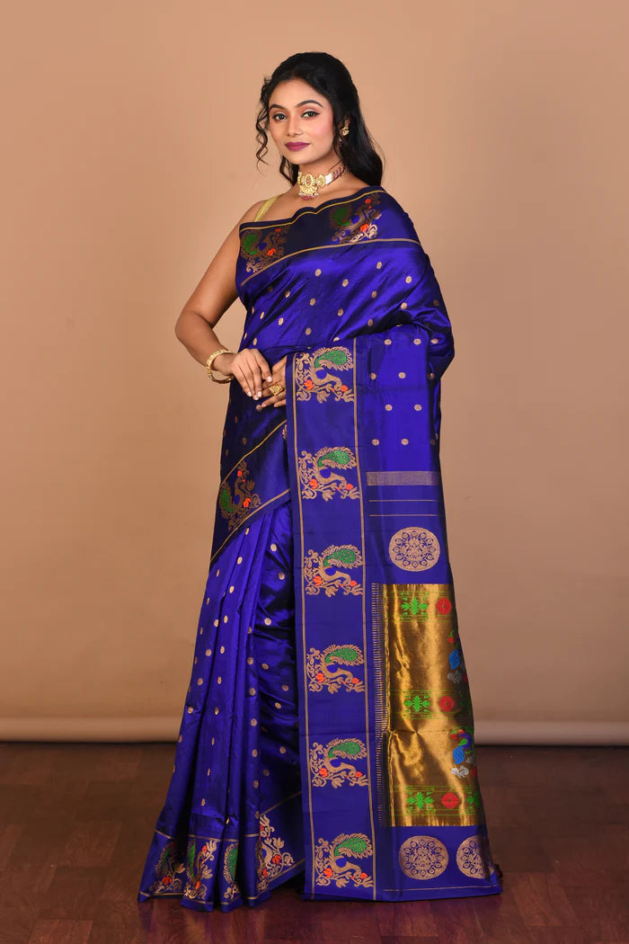 Deep Blue Pure Paithani Silk Saree with Blouse Piece - Keya Seth Exclusive
