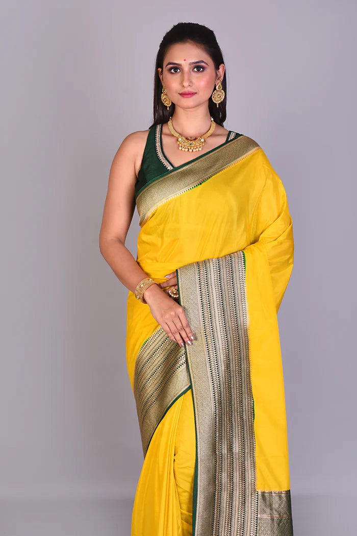 Olive Green Satin Silk Saree with Deep Green Borders - Keya Seth Exclusive