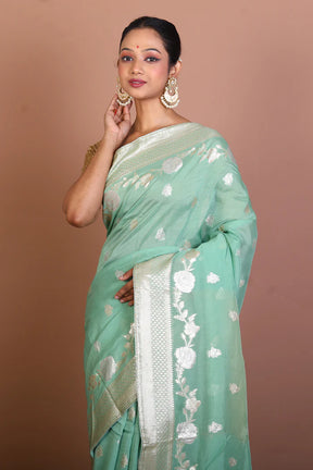 Light Green Blended Khaddi Saree - Keya Seth Exclusive