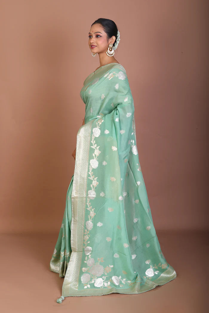 Light Green Blended Khaddi Saree - Keya Seth Exclusive