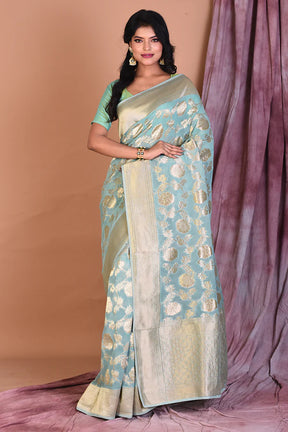 Sea Green Khaddi Georgette Saree with Golden Zari - Keya Seth Exclusive