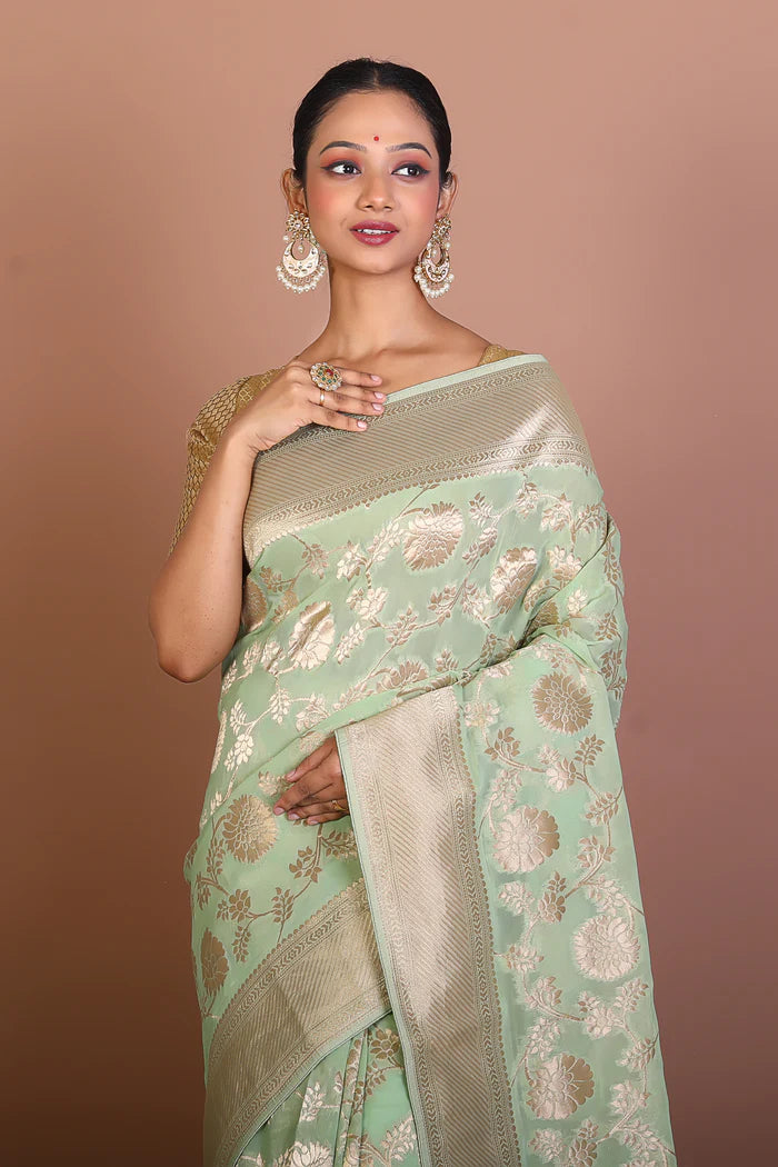 Light Green Blended Khaddi Saree - Keya Seth Exclusive