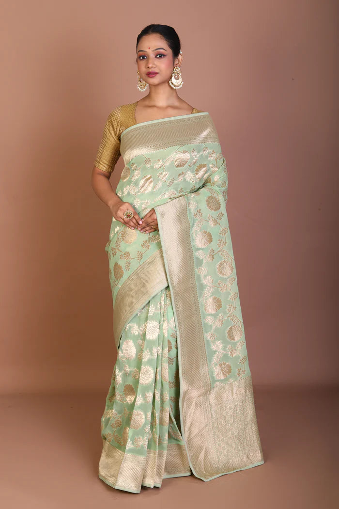 Light Green Blended Khaddi Saree - Keya Seth Exclusive