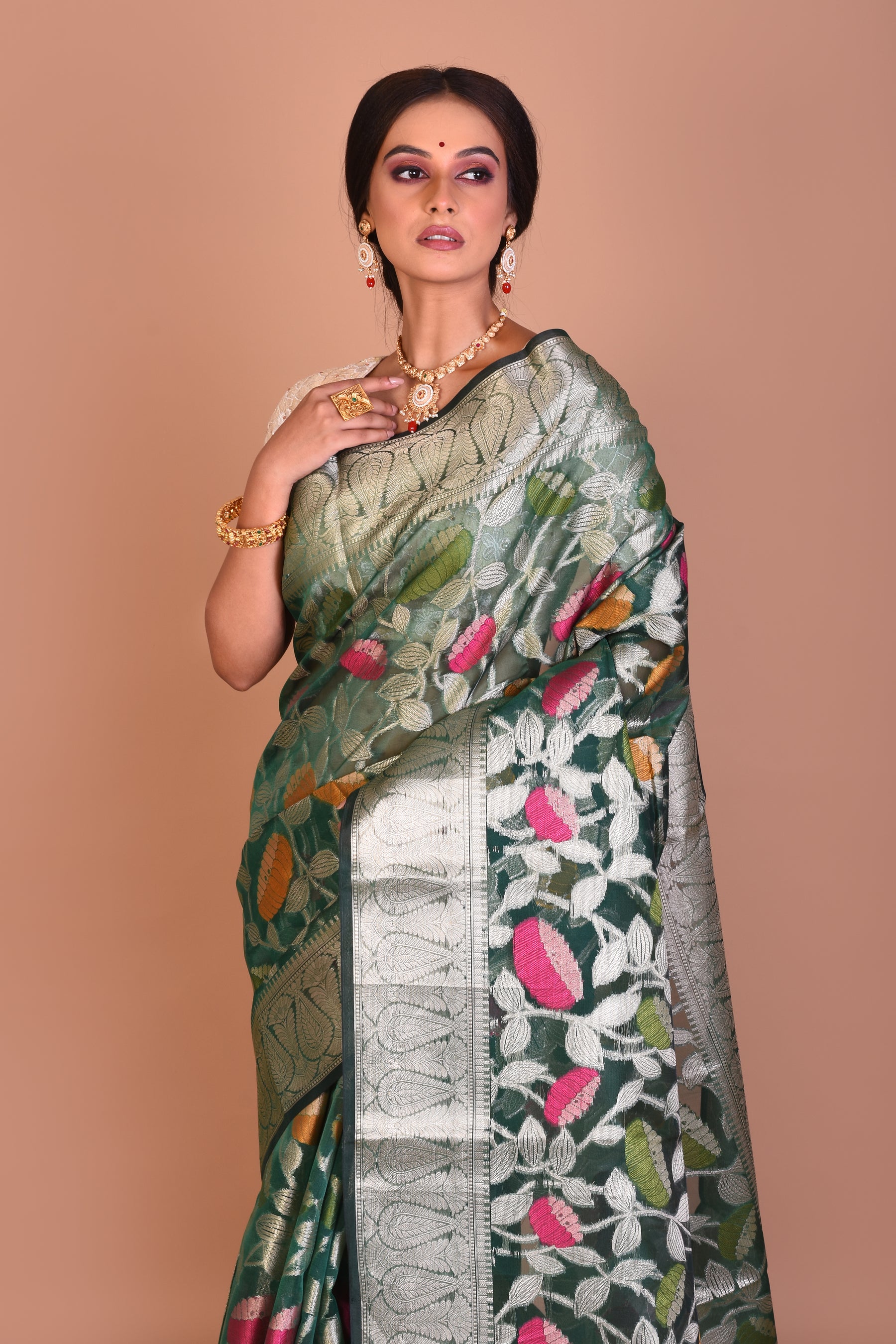 Deep Green Organza Saree with Blouse Piece - Keya Seth Exclusive