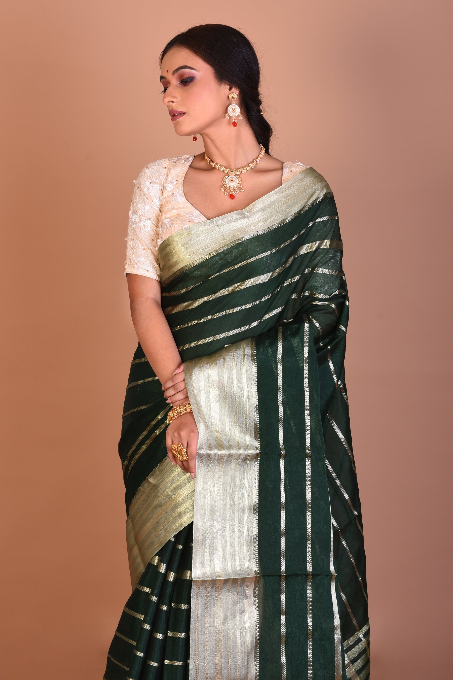 Deep Green Fancy Blended Tissue Saree with Blouse Piece - Keya Seth Exclusive