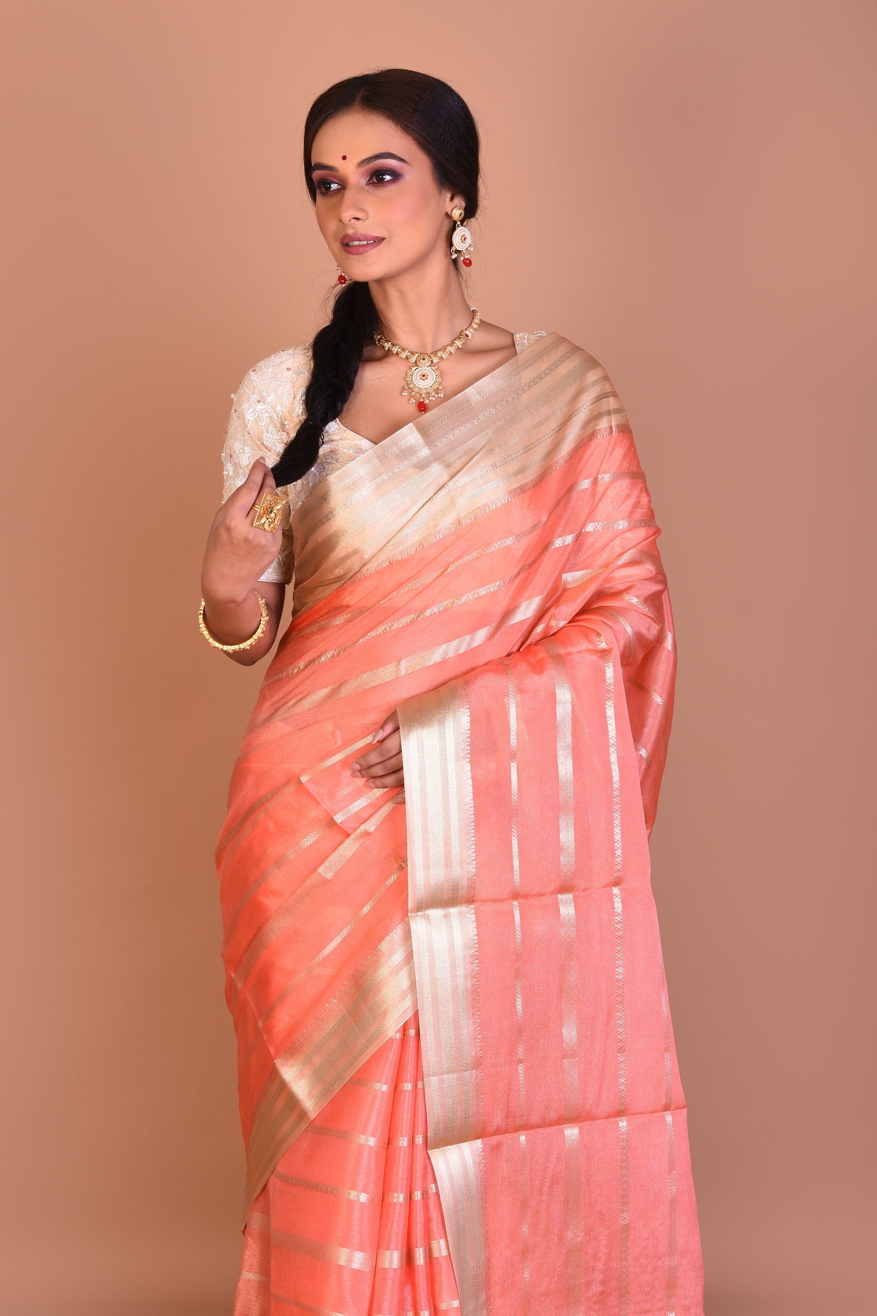 Peach Fancy Blended Tissue Saree - Keya Seth Exclusive