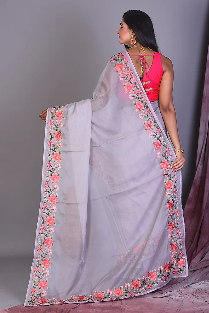 Grey Blended Organza Saree with Floral Borders - Keya Seth Exclusive
