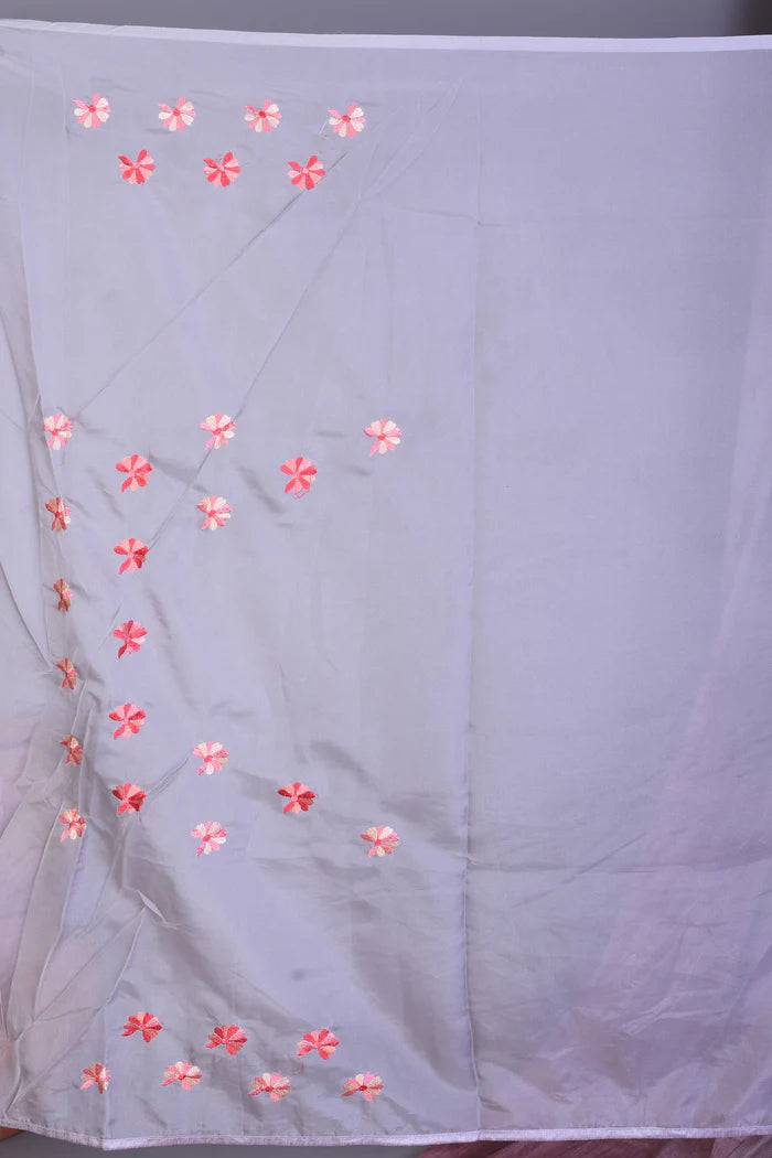 Grey Blended Organza Saree with Floral Borders - Keya Seth Exclusive