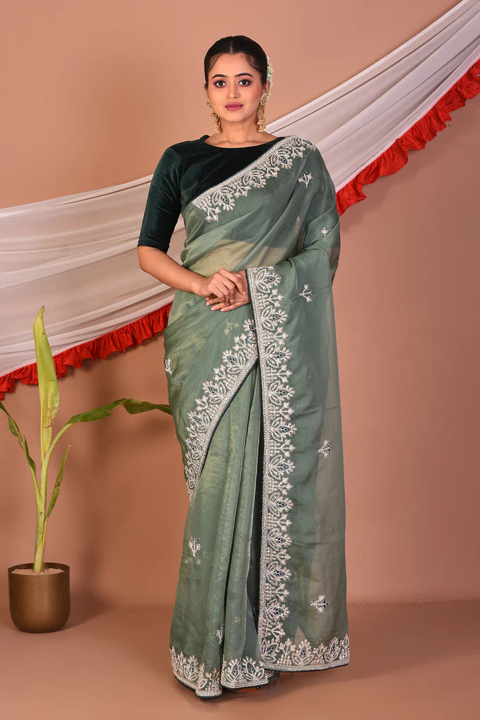 Light Green Blended Organza Saree - Keya Seth Exclusive