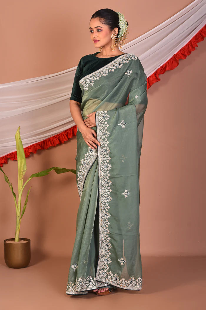 Light Green Blended Organza Saree - Keya Seth Exclusive