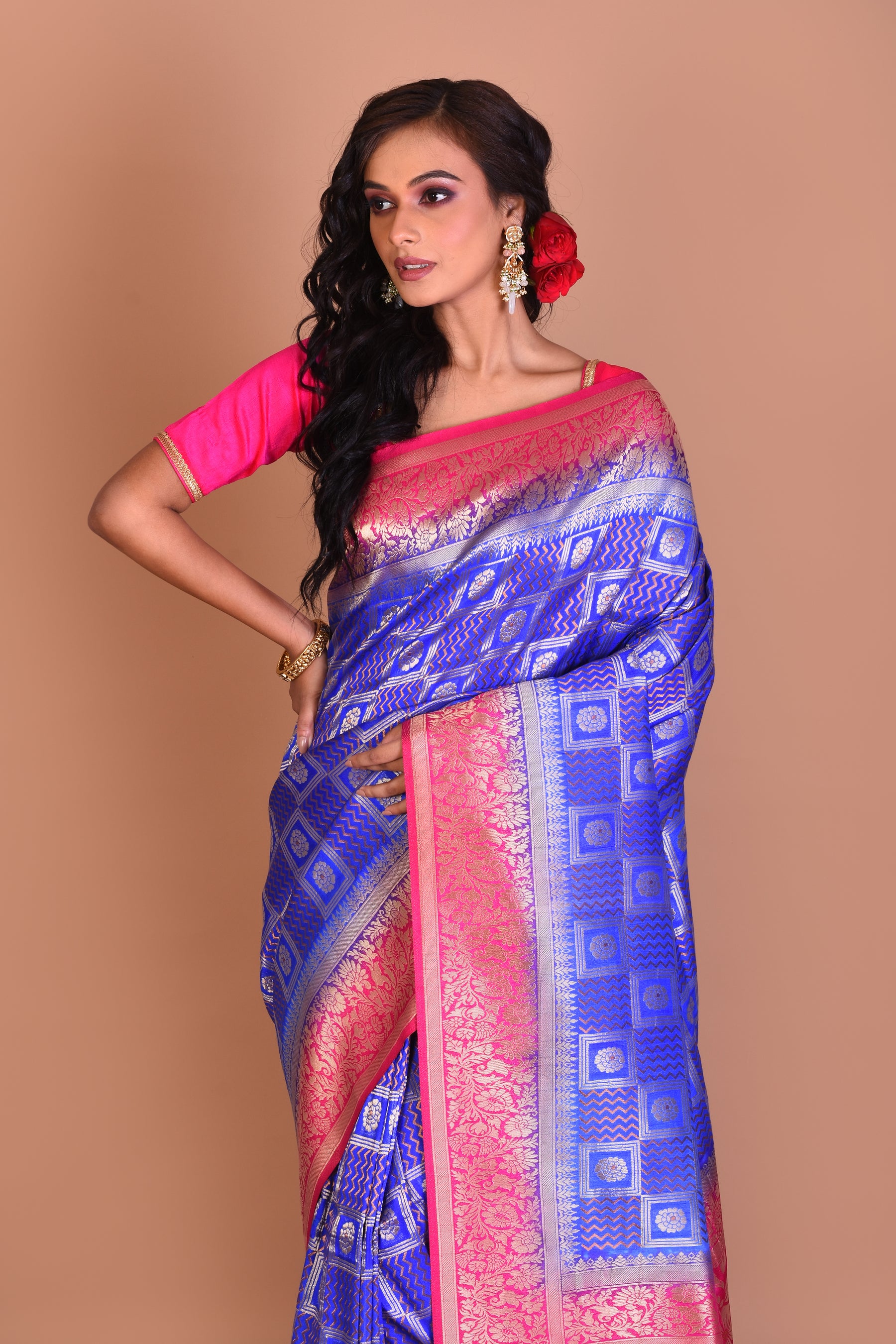 Royal Blue Dupion Silk Saree with Pink Border - Keya Seth Exclusive