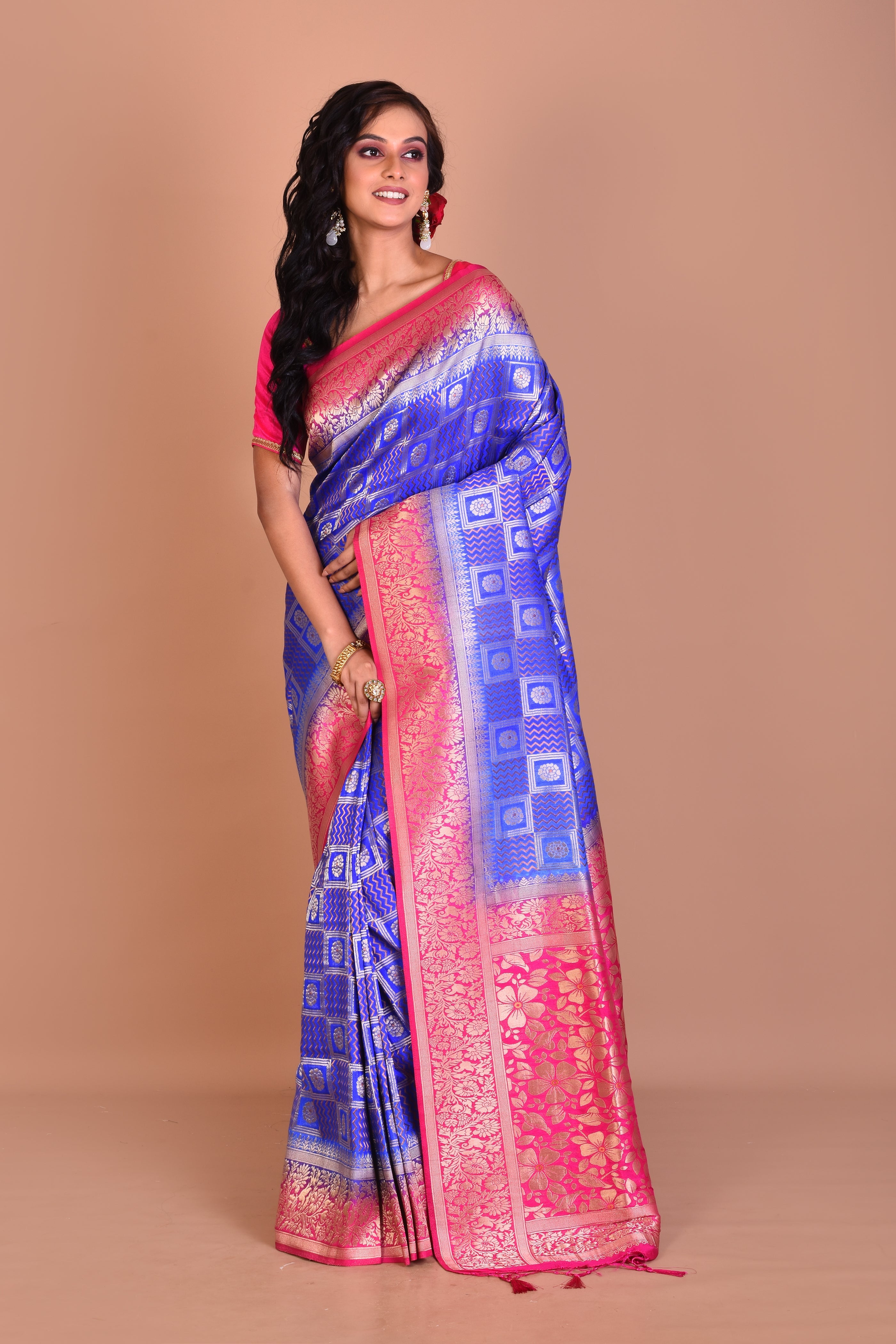 Royal Blue Dupion Silk Saree with Pink Border - Keya Seth Exclusive