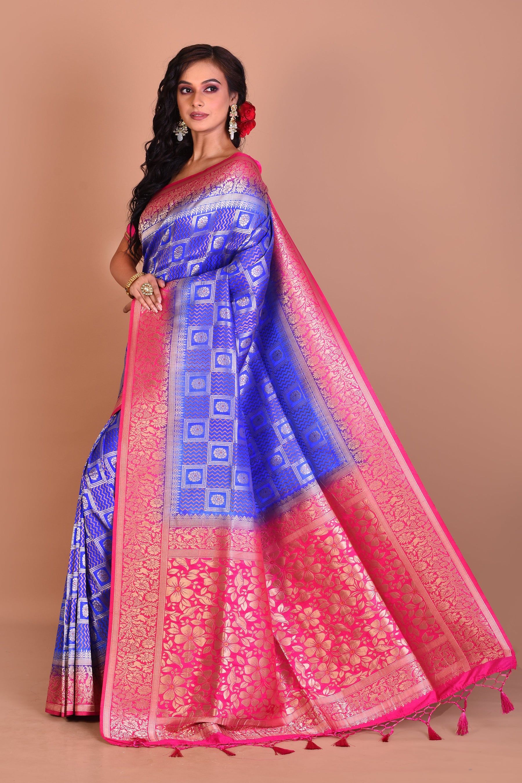 Royal Blue Dupion Silk Saree with Pink Border - Keya Seth Exclusive