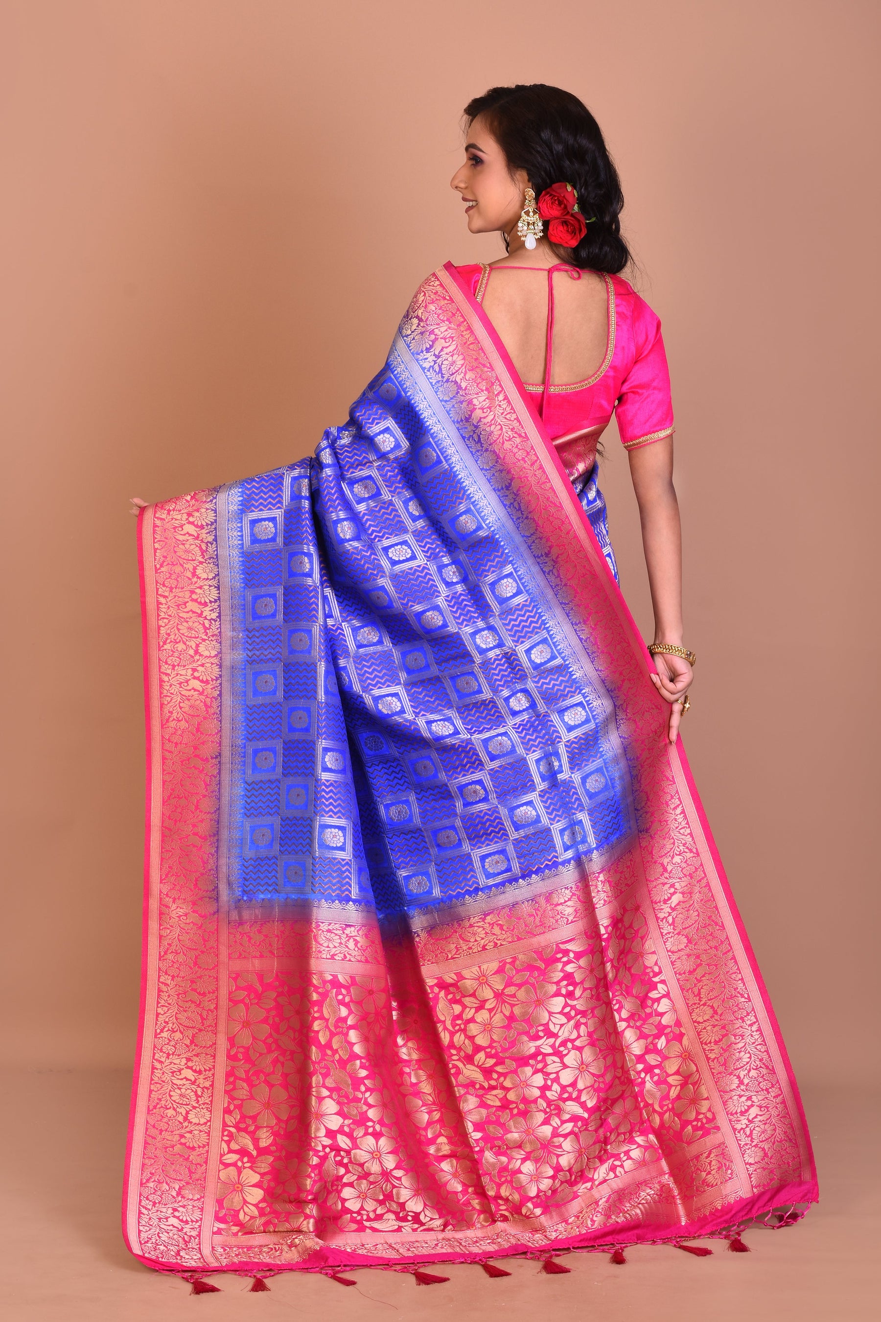 Royal Blue Dupion Silk Saree with Pink Border - Keya Seth Exclusive