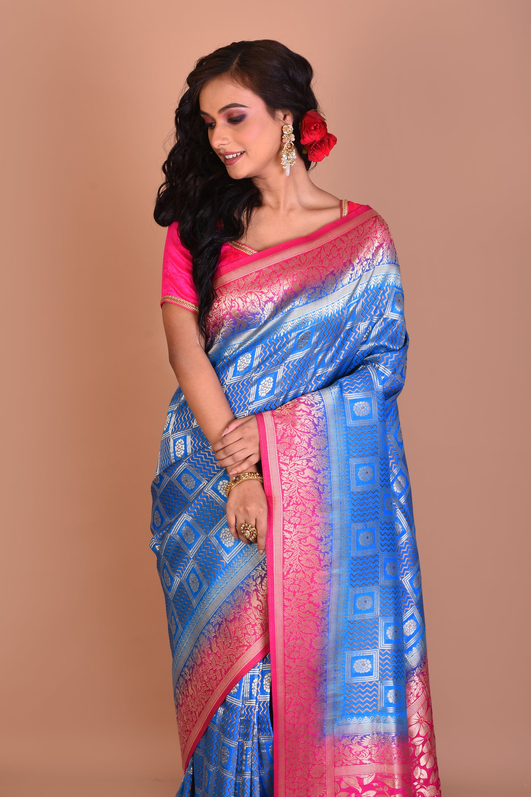 Bright Blue Dupion Silk Saree with Pink Border - Keya Seth Exclusive