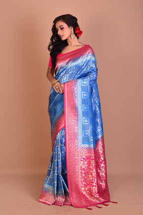 Bright Blue Dupion Silk Saree with Pink Border - Keya Seth Exclusive