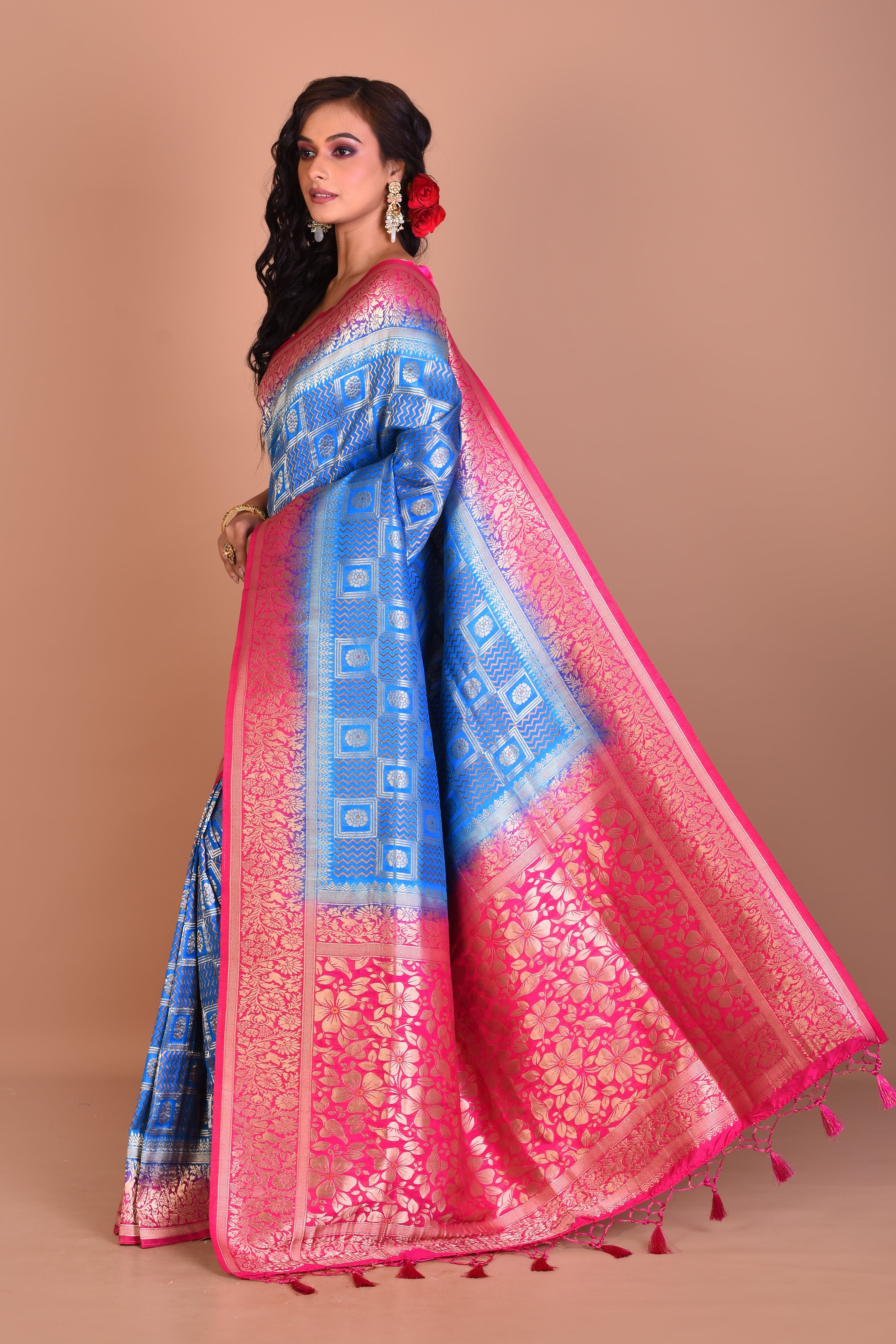 Bright Blue Dupion Silk Saree with Pink Border - Keya Seth Exclusive