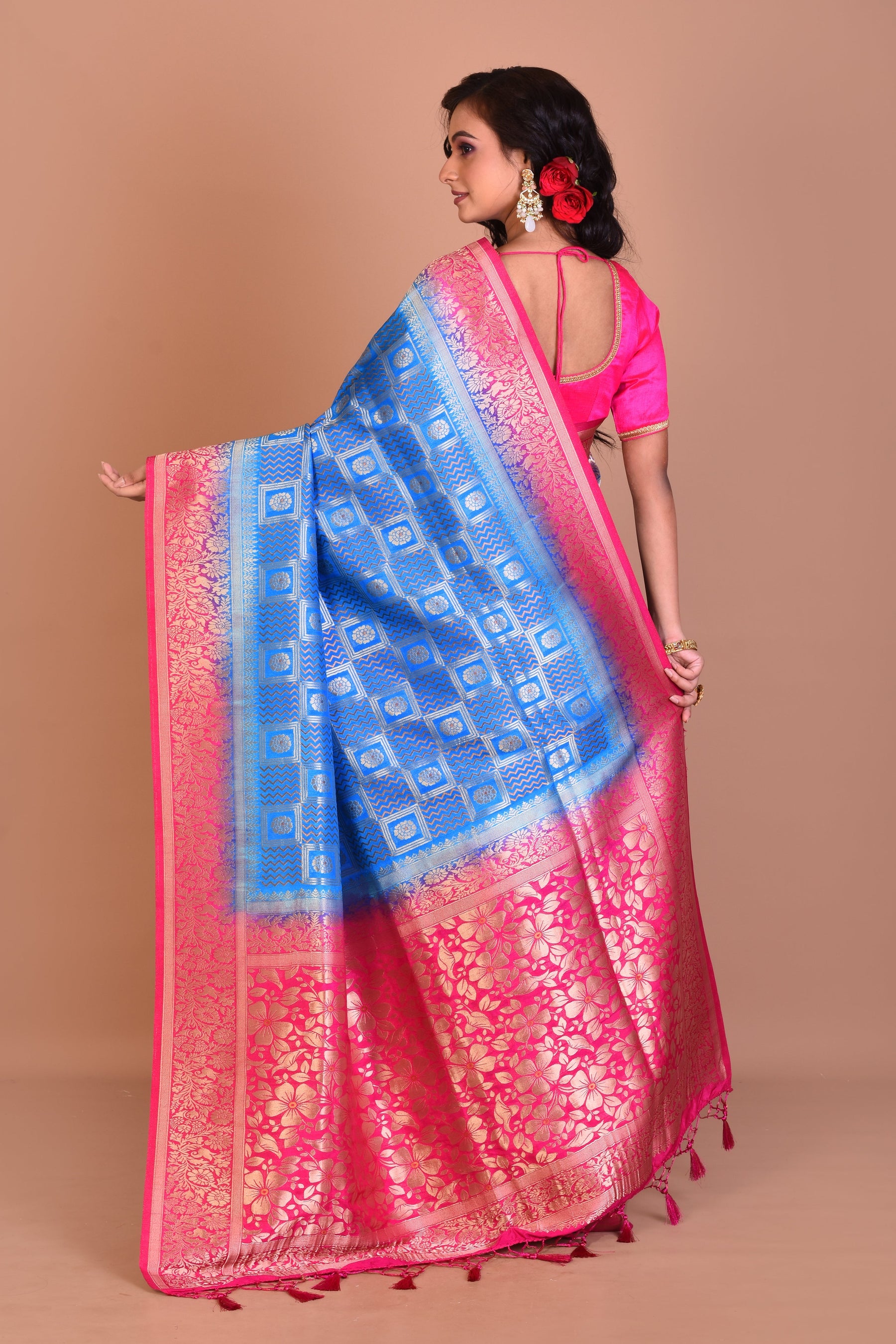 Bright Blue Dupion Silk Saree with Pink Border - Keya Seth Exclusive