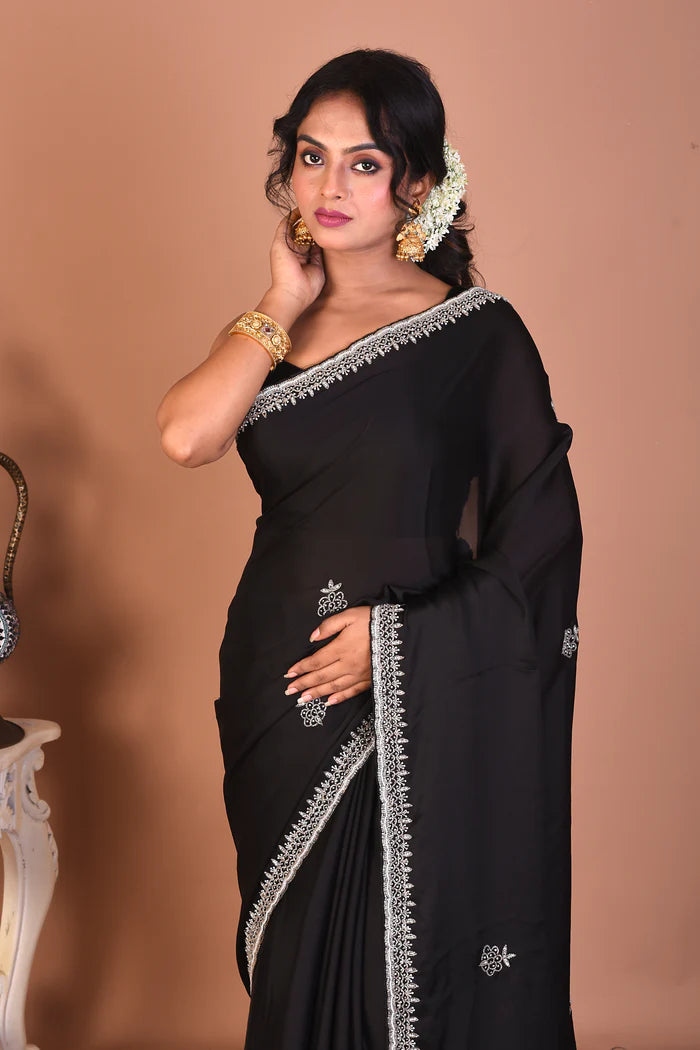 Black Blended Satin Silk Saree - Keya Seth Exclusive