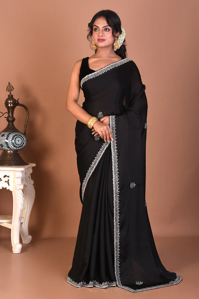 Black Blended Satin Silk Saree - Keya Seth Exclusive