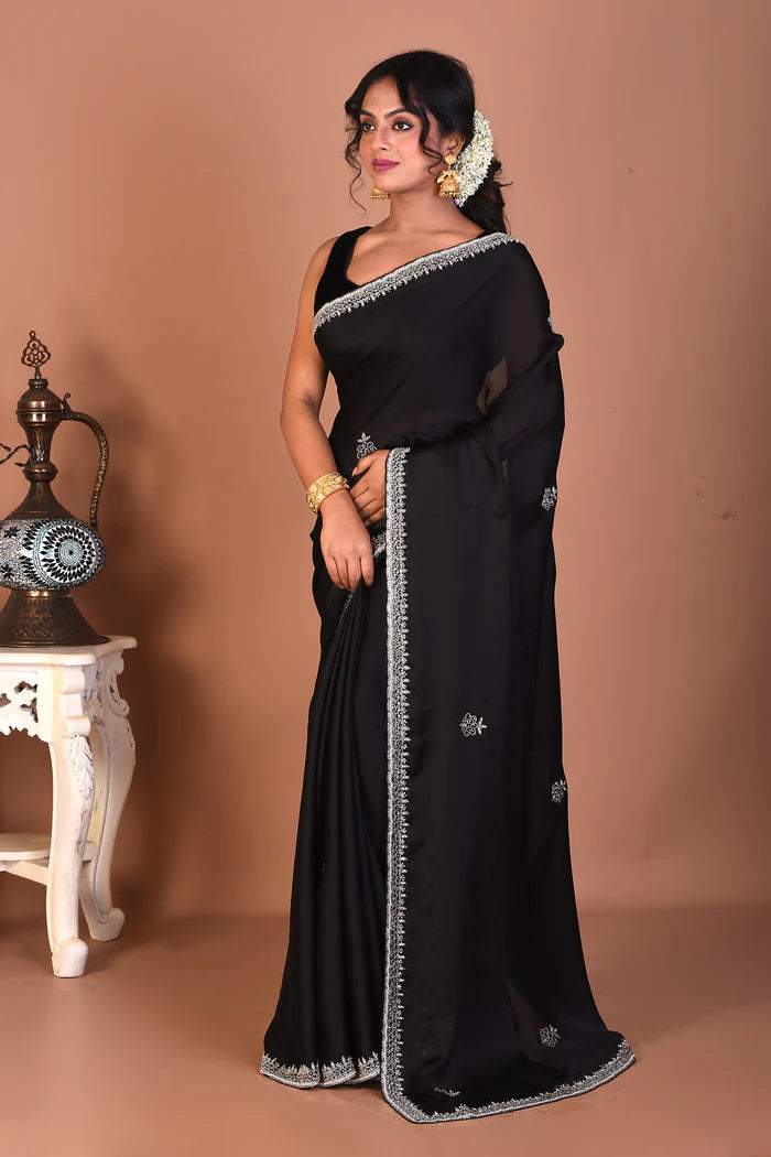 Black Blended Satin Silk Saree - Keya Seth Exclusive