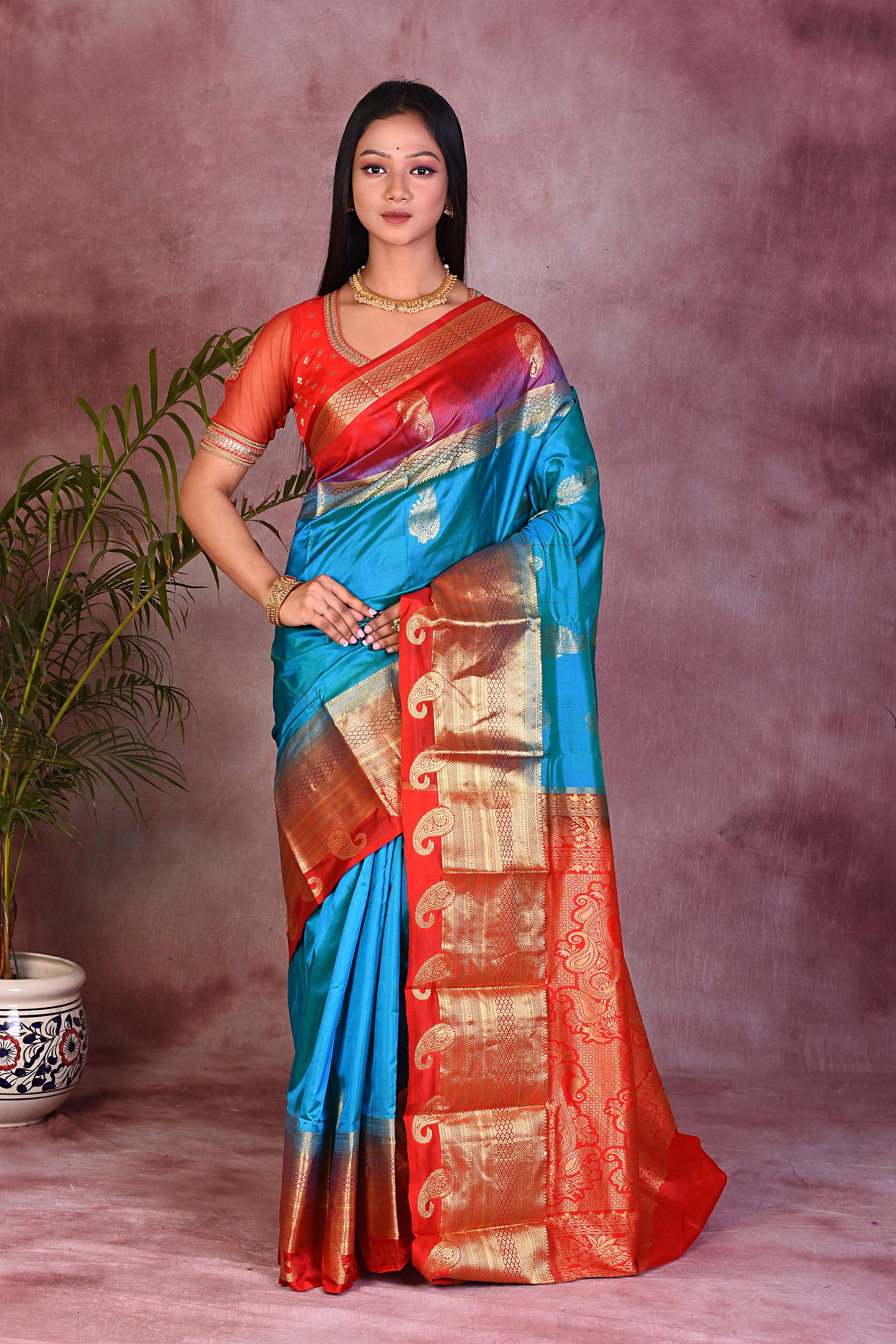 Blue with Red Borders Pure Kanjivaram Saree - Keya Seth Exclusive