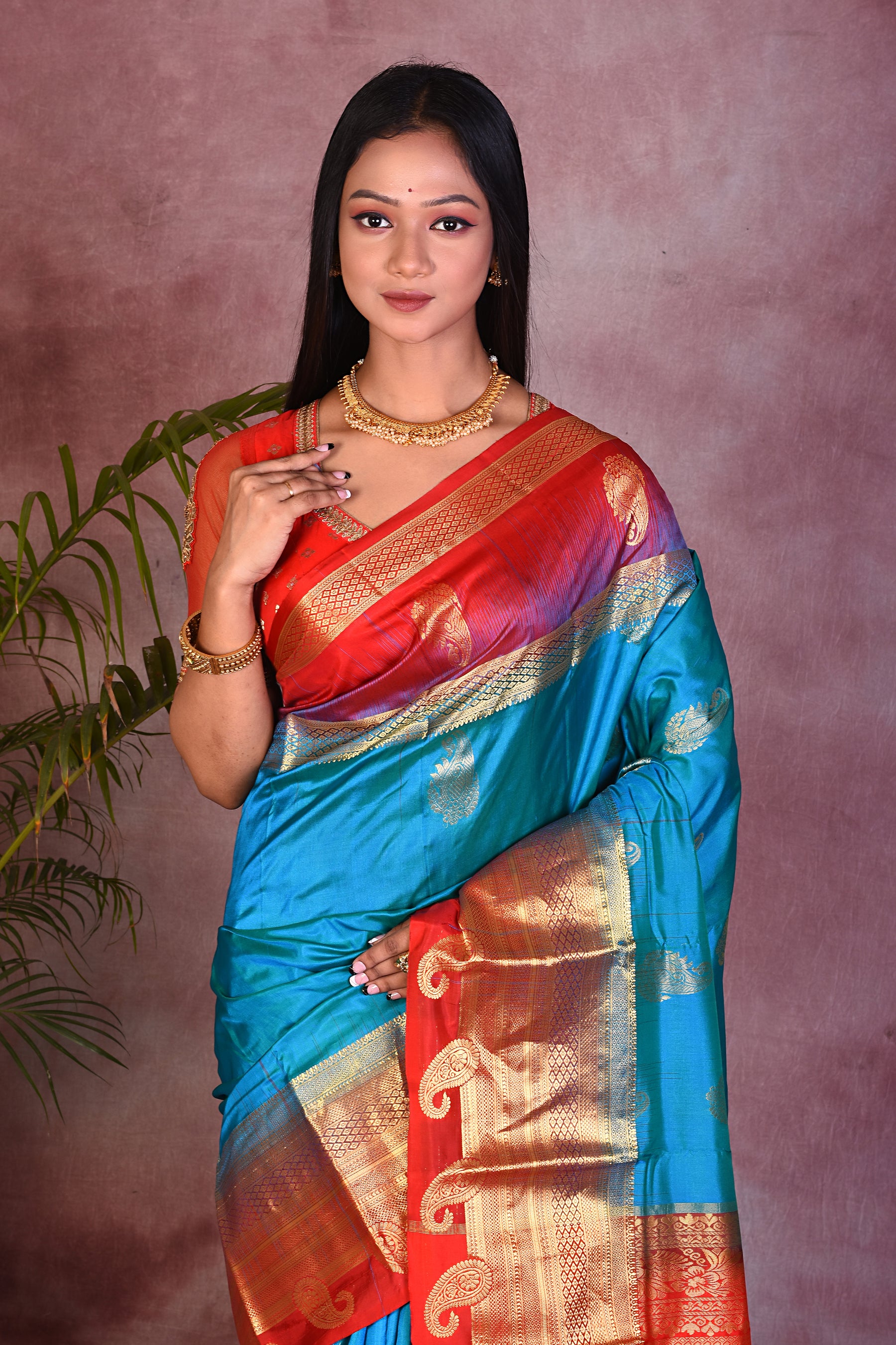 Blue with Red Borders Pure Kanjivaram Saree - Keya Seth Exclusive