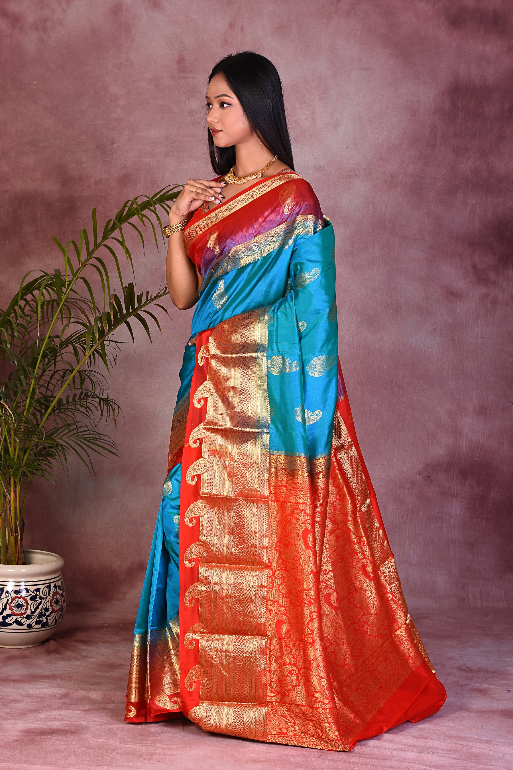 Blue with Red Borders Pure Kanjivaram Saree - Keya Seth Exclusive