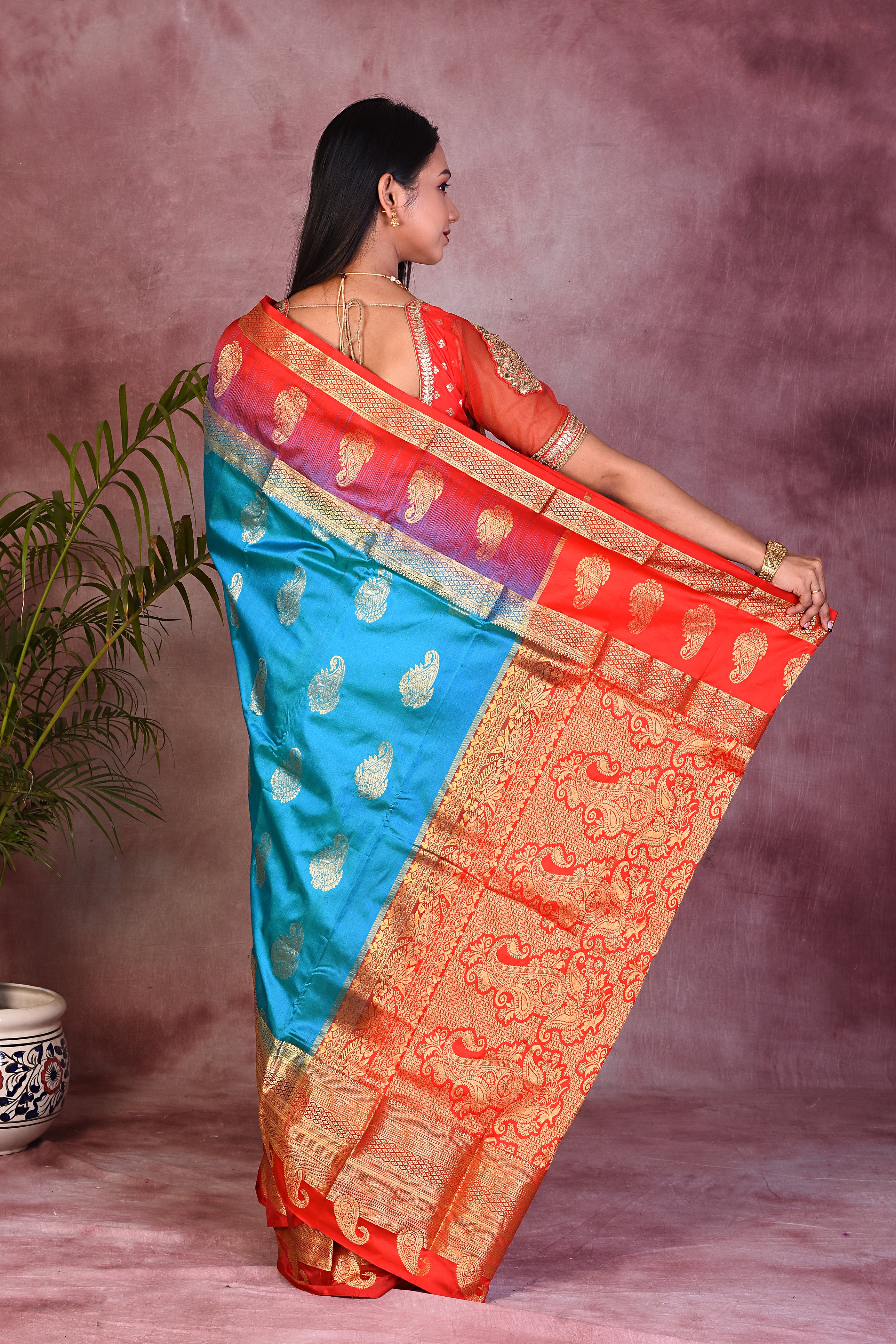 Blue with Red Borders Pure Kanjivaram Saree - Keya Seth Exclusive