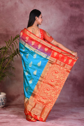 Blue with Red Borders Pure Kanjivaram Saree - Keya Seth Exclusive