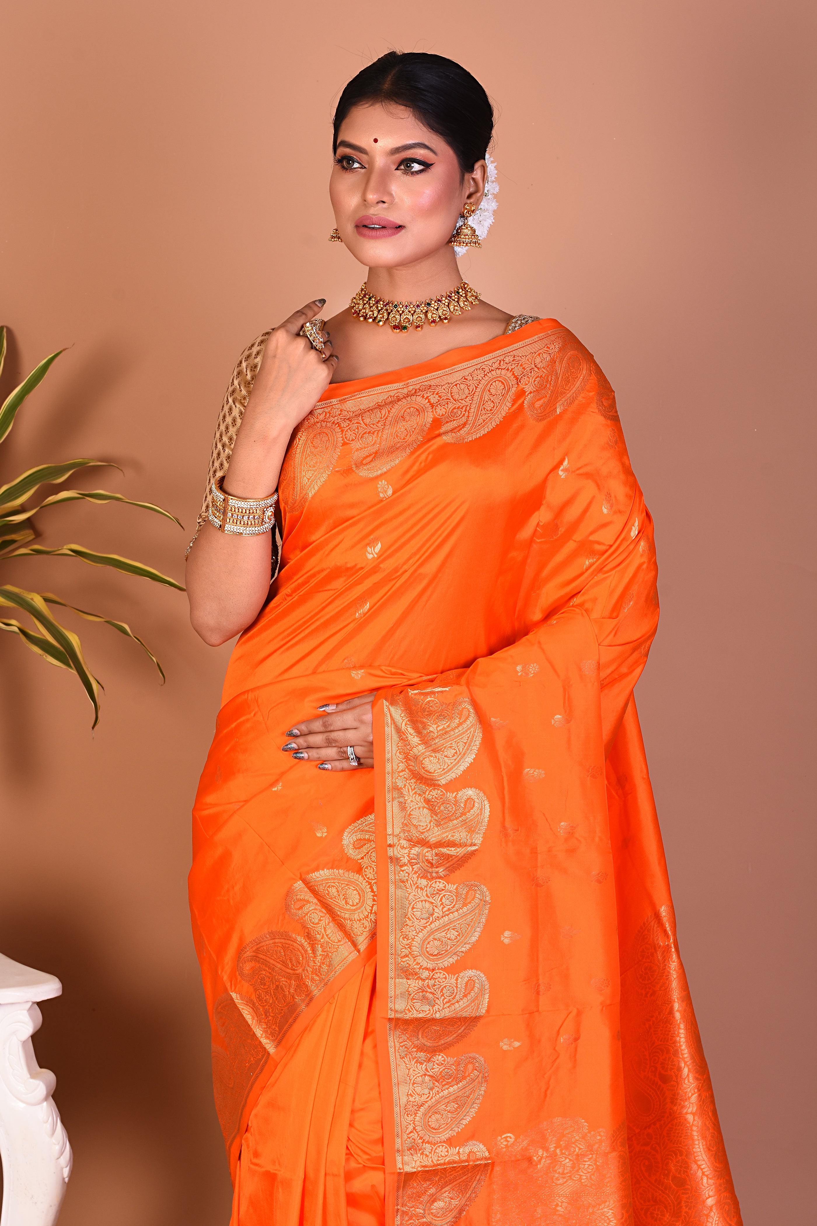 Bright Orange Pure Kanjivaram Saree - Keya Seth Exclusive