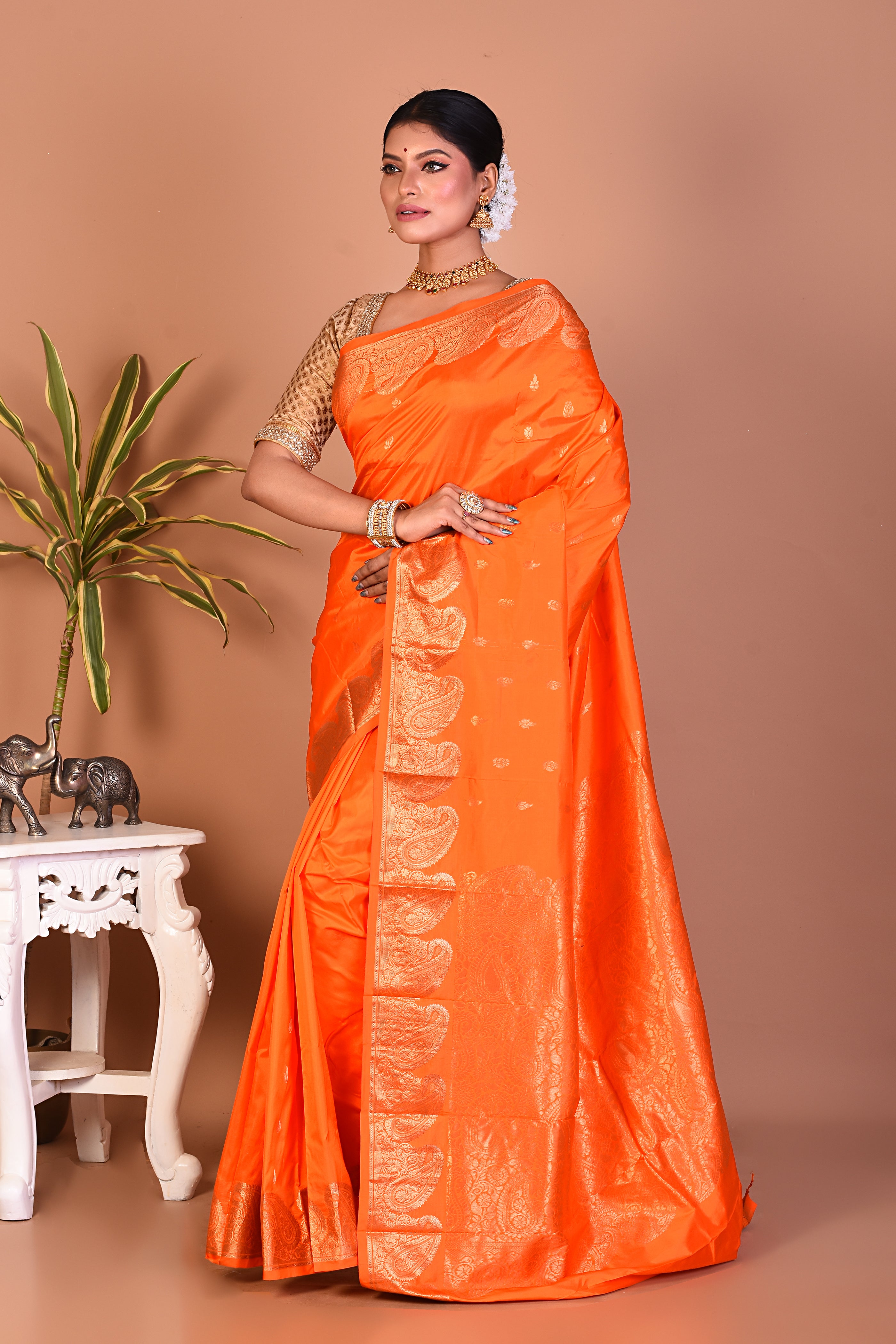 Bright Orange Pure Kanjivaram Saree - Keya Seth Exclusive