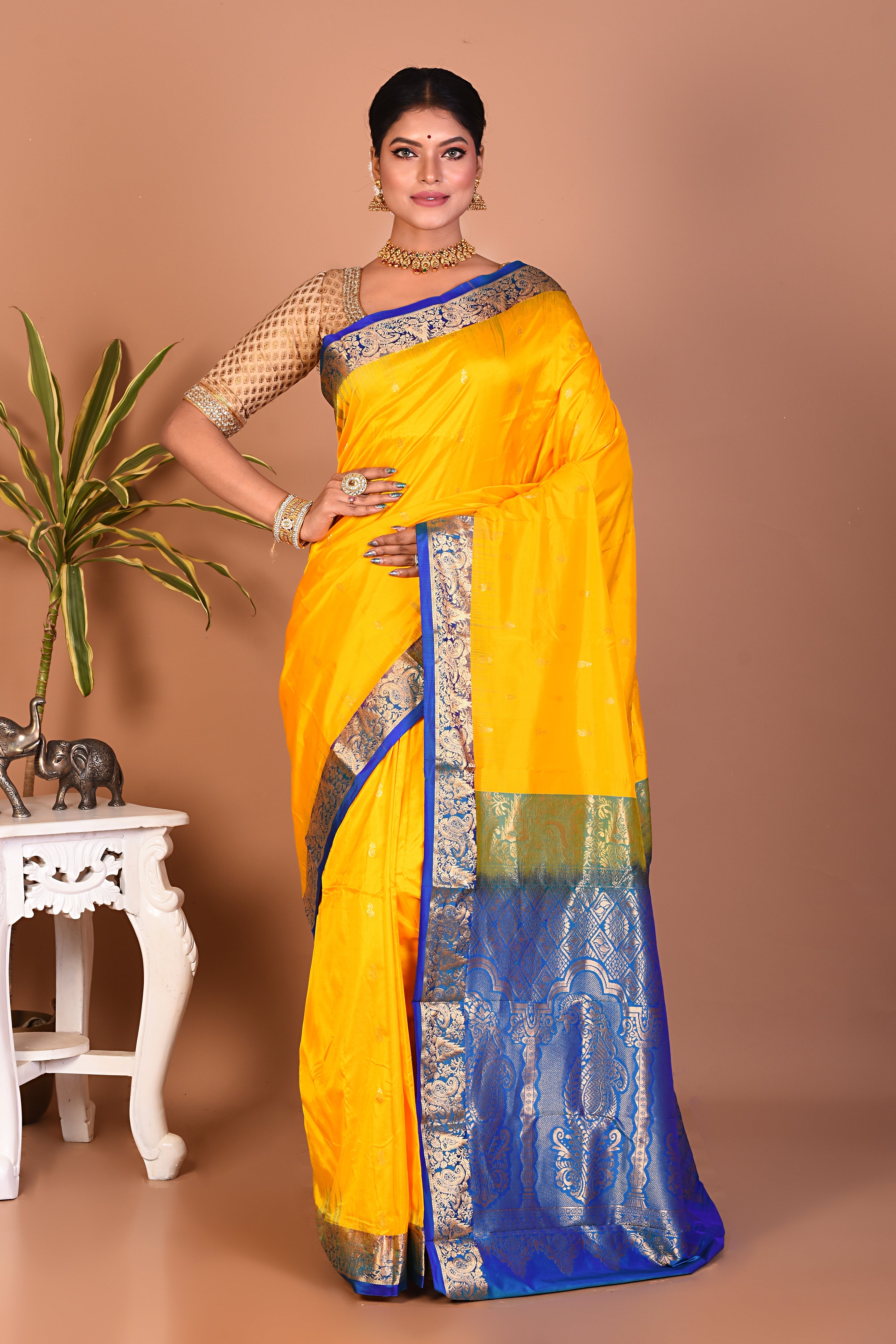 Yellow with Blue Borders Pure Kanjivaram Saree - Keya Seth Exclusive