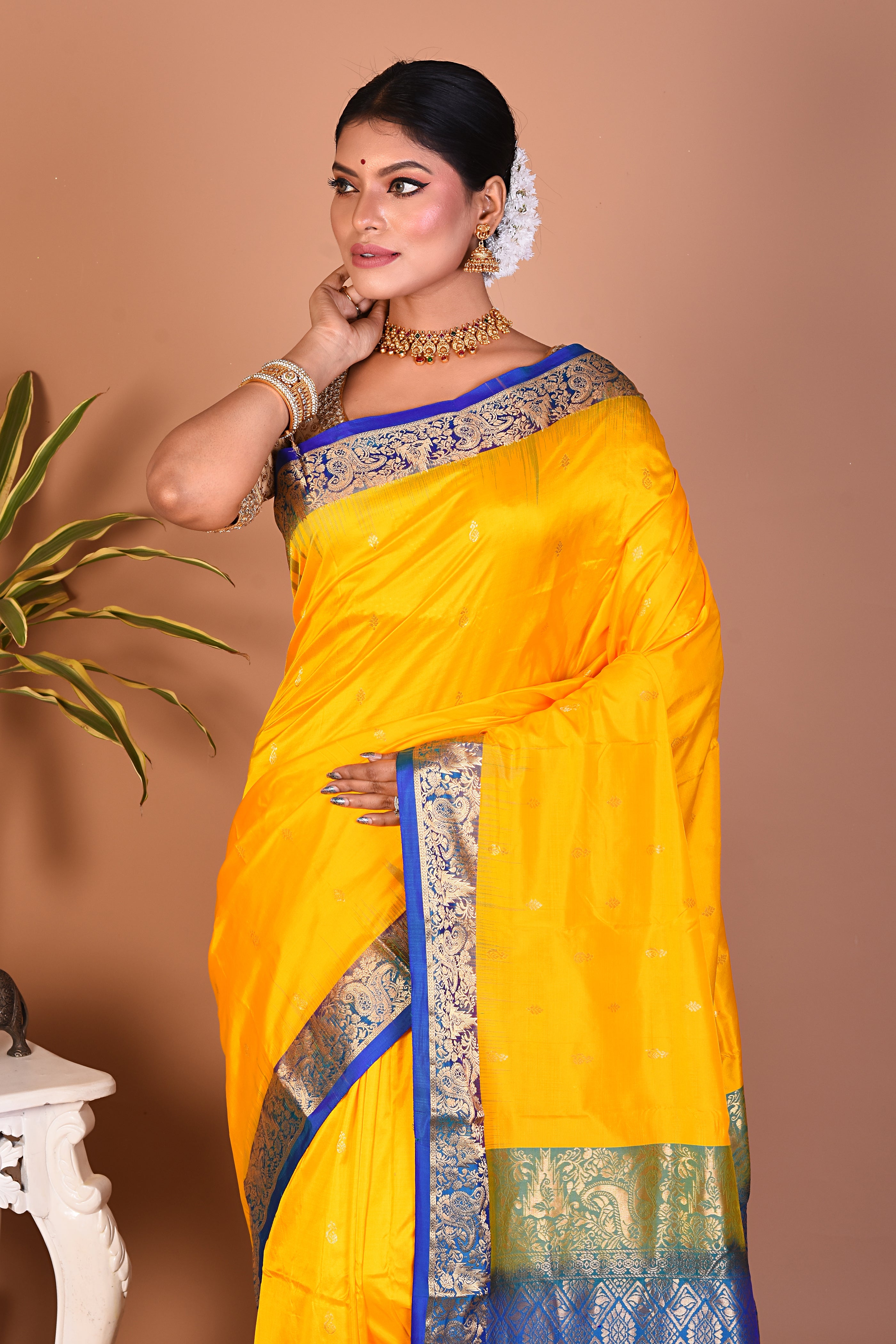 Yellow with Blue Borders Pure Kanjivaram Saree - Keya Seth Exclusive